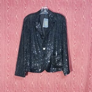 POLO RALPH LAUREN Black Sequin Long Sleeve 3 Button Collared Blazer Women's 12